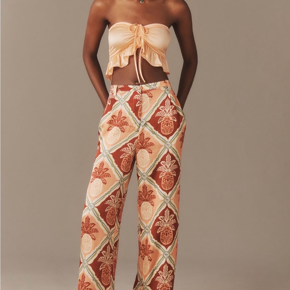 Anthropologie x Farm Rio NWT Peach & Rust Pineapple-Print Wide-Leg Pants